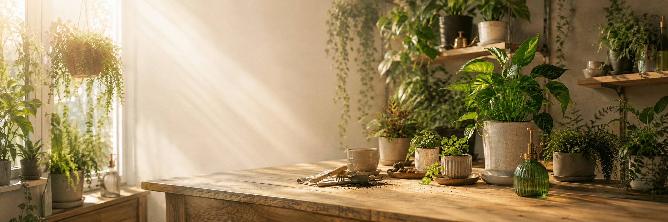 Sunlit indoor plant care workspace filled with healthy houseplants