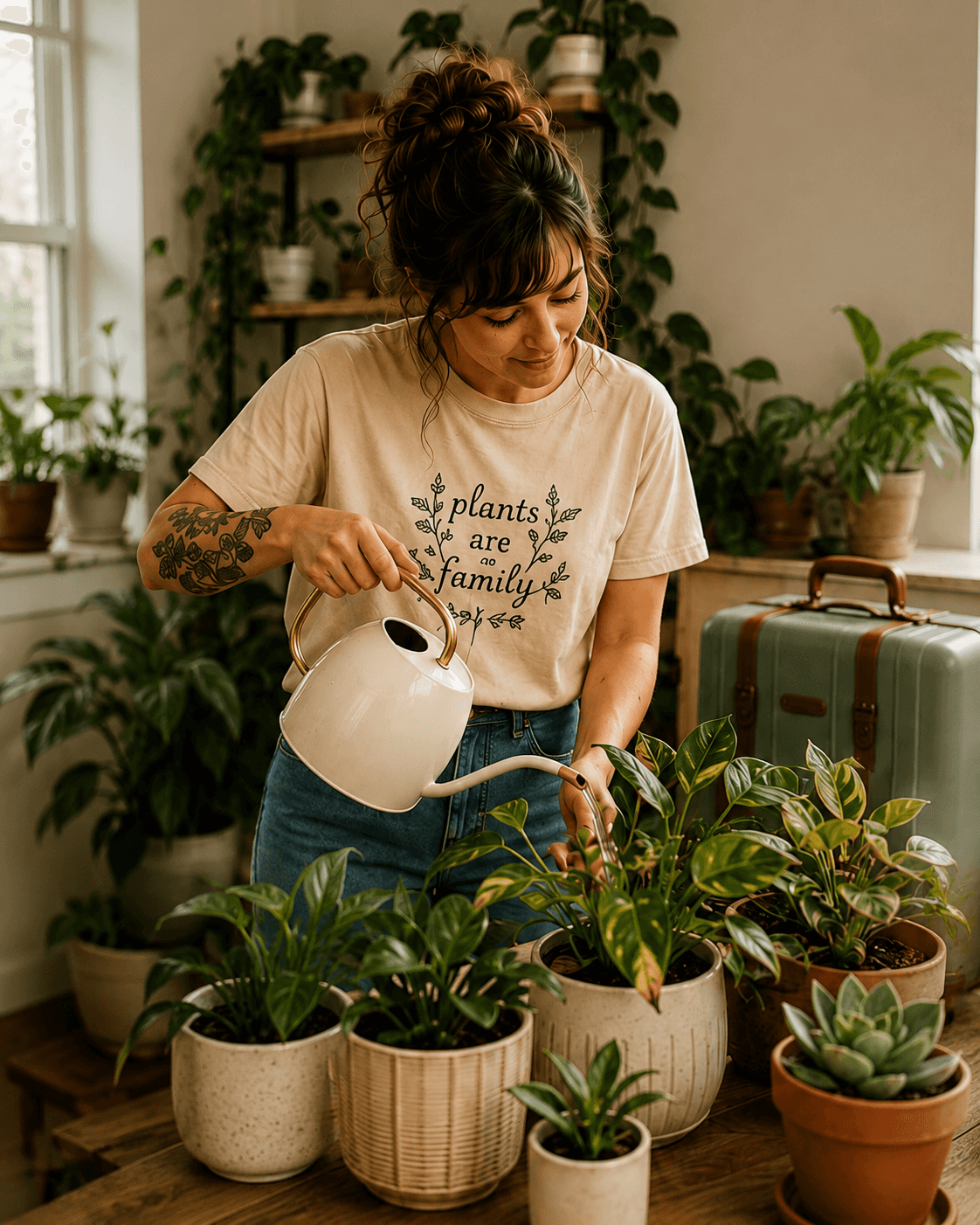 Woman watering a collection of healthy houseplants
