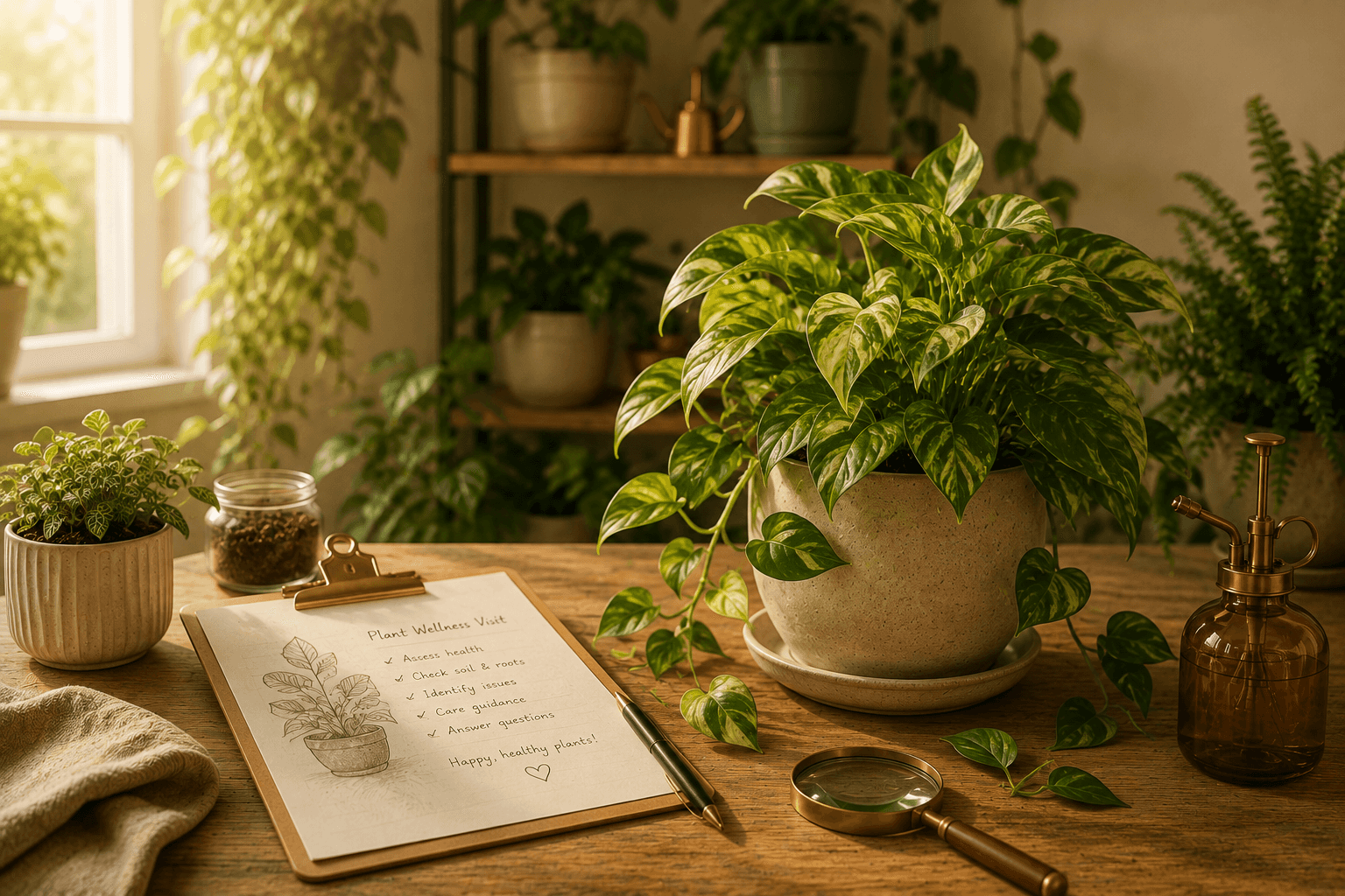Healthy houseplant being evaluated during a plant wellness visit