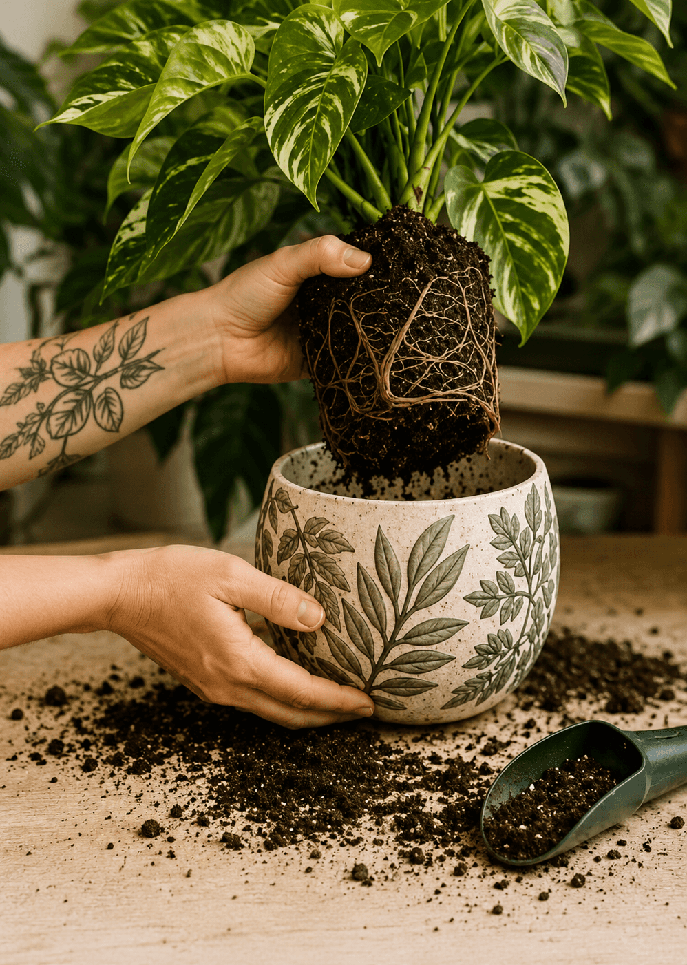 Houseplant being carefully repotted with its roots visible