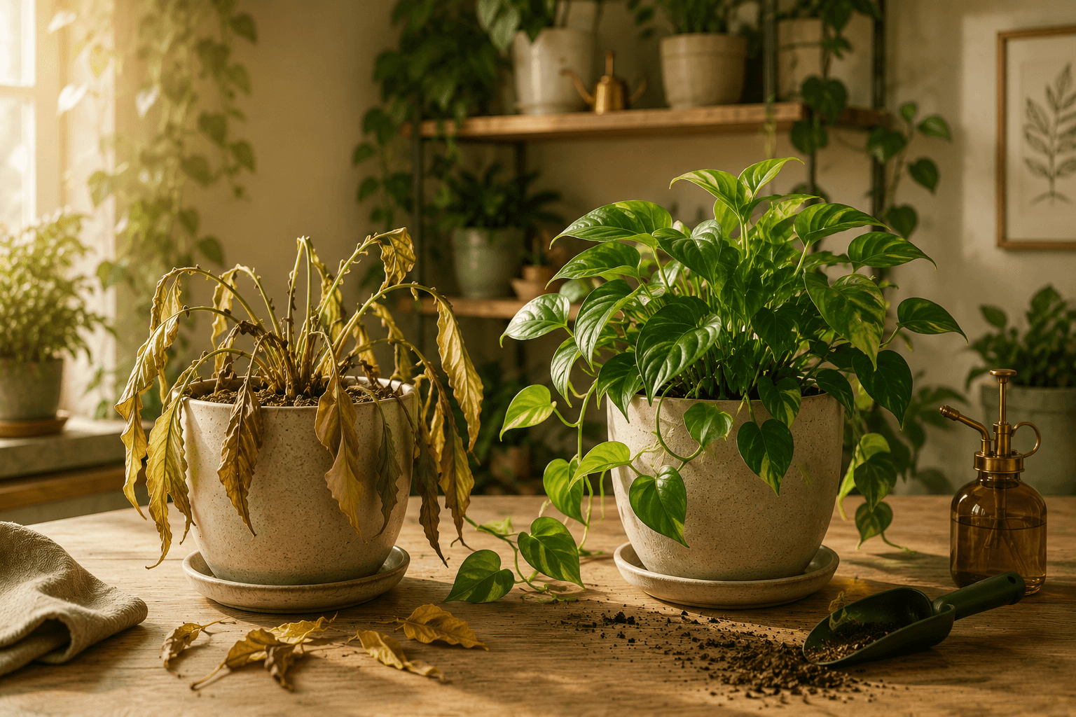 Struggling plant beside a healthy recovered houseplant