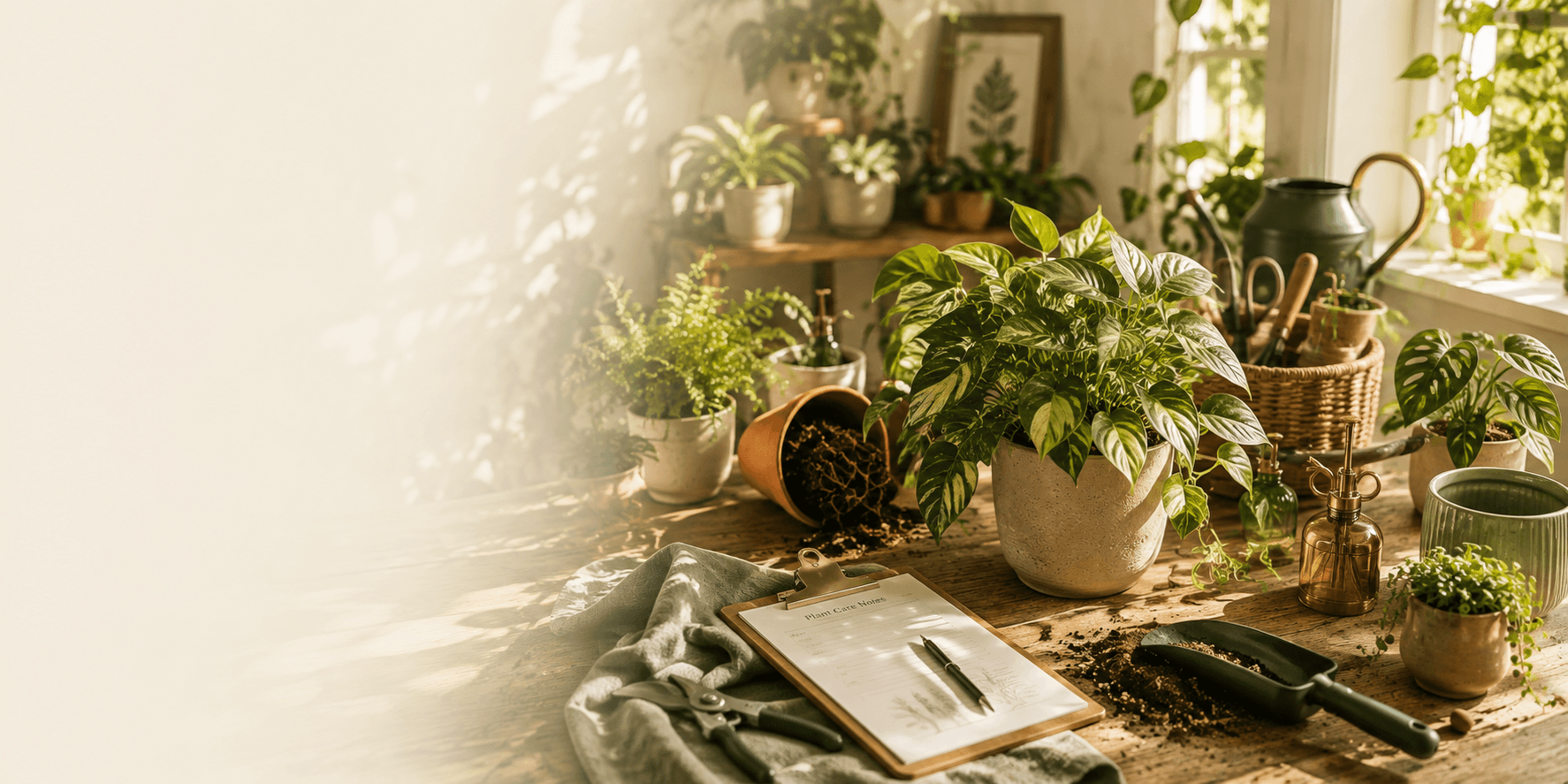 Warm plant care workspace with healthy houseplants, repotting supplies, care tools, and plant assessment materials